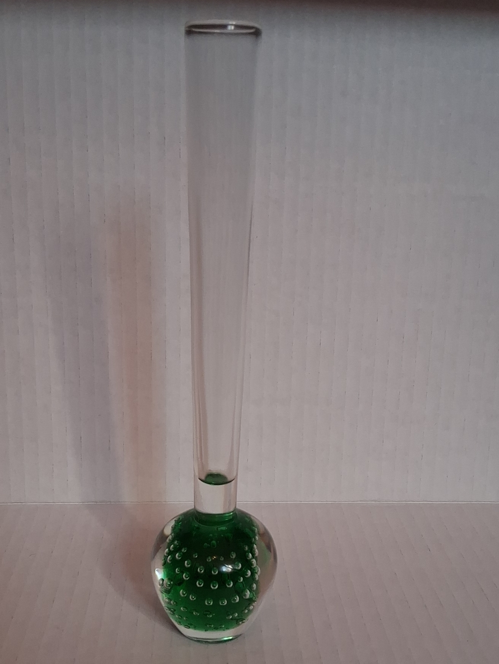 Tall Clear Glass Bud Vase with Green Bubble Base
